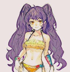 Rule 34 | 1girl, ahoge, bare shoulders, blush, bracelet, brown background, collarbone, frills, jewelry, long hair, maido mido, navel, original, parted lips, purple hair, sharp teeth, simple background, smile, solo, swimsuit, teeth, twintails, yellow eyes