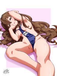 Rule 34 | 1girl, :d, aisaka taiga, arm up, armpits, between breasts, blue one-piece swimsuit, blush, border, breasts, brown eyes, brown hair, character name, clothes between breasts, clothes pull, commentary request, commission, covered navel, foot out of frame, hair between eyes, hair spread out, hand in own hair, hand on own chin, hand up, highres, hip bones, leaning to the side, legs apart, long hair, looking at viewer, lying, nipples, on back, one-piece swimsuit, one-piece swimsuit pull, open mouth, oshinobi shinobu, outside border, partially visible vulva, pink background, puffy nipples, school swimsuit, sidelocks, signature, skeb commission, small breasts, smile, solo, swimsuit, thighs, toradora!, translation request, very long hair, white border
