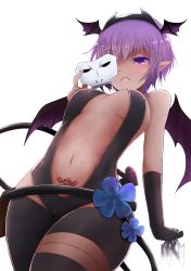 Rule 34 | &gt;:o, 1girl, :o, arano oki, bare shoulders, black gloves, black thighhighs, blush, breasts, cowboy shot, dark-skinned female, dark skin, demon girl, demon tail, demon wings, fate/prototype, fate/prototype: fragments of blue and silver, fate (series), flower, from below, gloves, hairband, hassan of serenity (fate), head wings, heart, heart tattoo, looking at viewer, looking down, mask, unworn mask, medium breasts, navel, open mouth, pubic tattoo, purple eyes, purple hair, revealing clothes, short hair, solo, stomach, stomach tattoo, tail, tattoo, thighhighs, v-shaped eyebrows, wings