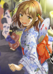 Rule 34 | 2girls, bad id, bad pixiv id, blurry, blush, brown eyes, brown hair, carrot hair ornament, commentary, depth of field, festival, floral print, food-themed hair ornament, hair ornament, hand fan, happy, japanese clothes, kimono, looking at viewer, looking back, multiple girls, obi, open mouth, original, paper fan, sash, short hair, smile, solo focus, summer, uchiwa, yoropa, yukata