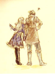Rule 34 | 1boy, 1girl, alvin (tales), blonde hair, boots, brown hair, coat, couple, dress, elize lutus, from behind, gloves, holding hands, height difference, hetero, knee boots, long hair, aged up, pointing, ribbon, short hair, smile, tales of (series), tales of xillia, tooru (ornis)