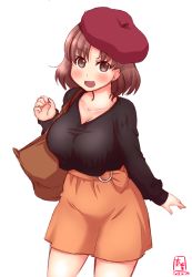 Rule 34 | 1girl, alternate costume, artist logo, bag, beret, black shirt, blouse, blush, breasts, brown eyes, brown hair, chiyoda (kancolle), cleavage, collarbone, dated, hair between eyes, hat, highres, kanon (kurogane knights), kantai collection, large breasts, long sleeves, looking at viewer, medium hair, open mouth, orange skirt, red hat, shirt, signature, simple background, skirt, smile, solo, white background