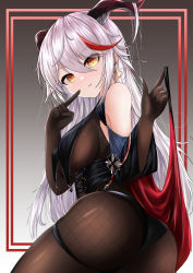 Rule 34 | 1girl, absurdres, aegir (azur lane), ass, azur lane, bare shoulders, black cape, black gloves, black panties, bodystocking, breast curtains, breasts, cape, cross, demon horns, finger to mouth, gloves, hair between eyes, highres, horns, iron cross, large breasts, long hair, looking at viewer, looking back, medal, min1910, multicolored hair, panties, red cape, red hair, simple background, skindentation, solo, streaked hair, two-tone cape, two-tone hair, underwear, white hair, yellow eyes