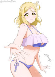 Rule 34 | 1girl, alterrealzero, bare shoulders, birthday, blonde hair, looking at viewer, love live!, love live! sunshine!!, medium hair, ohara mari, simple background, smile, solo, swimsuit, yellow eyes