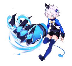 Rule 34 | 1boy, blue eyes, bow, child, crown, elsword, full body, gender request, genderswap, highres, horns, looking at viewer, luciela r. sourcream, male focus, open mouth, pointy ears, ribbon, shorts, simple background, smile, solo, symbol-shaped pupils, tail, thighhighs, weapon, white background, white hair, zettai ryouiki