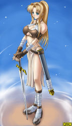 Rule 34 | 1girl, armband, asura fantasy online, bandages, bare shoulders, belt, blonde hair, blue eyes, blush, boots, breasts, cleavage, cleavage cutout, clothing cutout, crop top, fantasy, fingerless gloves, fingernails, gloves, hair intakes, halterneck, hands on hilt, high heels, high ponytail, kagami hirotaka, knee boots, kneehighs, large breasts, leather, lisfia marsenal, loincloth, long fingernails, long hair, looking at viewer, looking back, midriff, navel, o-ring, o-ring top, omc, parted bangs, ponytail, profile, sheath, shoes, sidelocks, smile, socks, solo, standing, studded belt, sword, underboob, watermark, weapon, wind