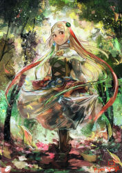Rule 34 | 1girl, artist name, blonde hair, blush, bravely default 2, brown eyes, closed mouth, dress, drop earrings, earrings, gloria nue musa, hair ornament, highres, holding, holding clothes, holding dress, jewelry, leaf, looking to the side, nature, no pupils, pigeon-sponge, shoes, smile, solo, standing, tree