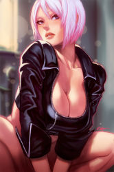 Rule 34 | 1girl, angel (kof), blue eyes, bottomless, breasts, cleavage, convenient censoring, cropped jacket, female focus, jacket, large breasts, leather, leather jacket, lips, nose, rejean dubois, short hair, snk, solo, squatting, the king of fighters, white hair