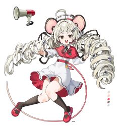 Rule 34 | 1girl, ahoge, animal ears, black ribbon, black socks, buck teeth, capelet, dress, drill hair, grey hair, hair ornament, hairclip, headset, highres, instrument, kneehighs, knees together feet apart, long hair, mary janes, mouse ears, mouse girl, mouse tail, neck ribbon, ohw8g, original, red capelet, red footwear, reference inset, ribbon, screw hair ornament, shoes, simple background, socks, solo, tail, teeth, trumpet, twin drills, twitter username, two-sided dress, two-sided fabric, very long hair, white background, white dress