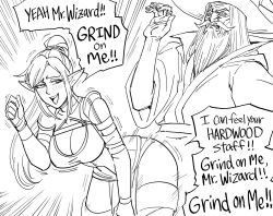 Rule 34 | 1boy, 1girl, absurdres, assertive female, bb (baalbuddy), beard, blush, breasts, cleavage, clenched teeth, elf, english text, facial hair, female pervert, grinding, handjob gesture, hat, highres, jewelry, large breasts, long hair, monochrome, mustache, open mouth, original, pervert, pointy ears, ponytail, ring, teeth, wizard, wizard hat