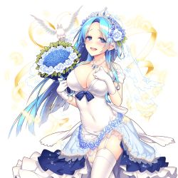 Rule 34 | 1girl, :d, bird, blue eyes, blue hair, blush, bouquet, breasts, cleavage, covered navel, cowboy shot, dove, feathers, flower, garter straps, giuniu, gloves, headdress, holding, jewelry, large breasts, layered skirt, long hair, looking at viewer, matching hair/eyes, necklace, official art, open mouth, ribbon, skirt, smile, solo, sparkle, tears, thighhighs, transparent background, uchi no hime-sama ga ichiban kawaii, veil, vivienne (uchi no hime-sama ga ichiban kawaii), white gloves, white thighhighs