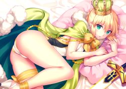 Rule 34 | anklet, aqua eyes, artoria pendragon (all), artoria pendragon (fate), artoria pendragon (swimsuit archer) (third ascension) (fate), ass, blonde hair, bow, braid, cape, crown, cushion, fate/grand order, fate (series), fur trim, high heels, jewelry, lips, looking at viewer, nishimura eri, one-piece swimsuit, panties, saber (fate), solo, swimsuit, sword, thigh strap, twin braids, underwear, weapon, yellow bow