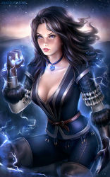 Rule 34 | 1girl, artist name, black hair, breasts, cleavage, collarbone, electricity, electrokinesis, glowing, highres, jewelry, madeleine bellwoar, medium breasts, medium hair, necklace, parted lips, pendant, purple eyes, solo, the witcher (series), the witcher 3, watermark, web address, yennefer of vengerberg