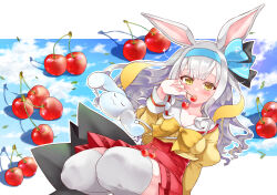 Rule 34 | 1girl, absurdres, animal ears, bag, blonde hair, blue hairband, blush, brown eyes, cherry, commentary request, food, food in mouth, fruit, grey hair, hairband, highres, long hair, long sleeves, looking at viewer, mochizuki himari, multicolored hair, rabbit ears, rabbit girl, red skirt, shoulder bag, skirt, solo, streaked hair, thighhighs, uni create, virtual youtuber, white background, white thighhighs, yunagi921, zettai ryouiki
