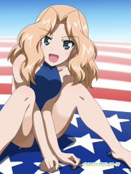 Rule 34 | 1girl, american flag, blonde hair, blue eyes, blush, breasts, dated, girls und panzer, highres, kay (girls und panzer), long hair, naotosi, signature, small breasts, solo