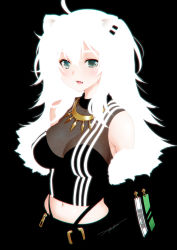 Rule 34 | 1girl, absurdres, animal ears, black background, blush, breasts, cleavage, fang, fur-trimmed jacket, fur trim, green eyes, highres, hololive, jacket, jewelry, kazuma muramasa, large breasts, lion ears, long hair, long sleeves, looking at viewer, navel, necklace, open mouth, see-through, see-through cleavage, shishiro botan, shishiro botan (1st costume), solo, virtual youtuber, white hair