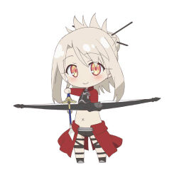 Rule 34 | 1girl, arrow (projectile), blush, boots, bow (weapon), chibi, closed mouth, commentary request, crop top, fate/kaleid liner prisma illya, fate (series), flat chest, full body, hair between eyes, holding, holding arrow, holding bow (weapon), holding weapon, illyasviel von einzbern, jacket, light smile, long hair, long sleeves, looking at viewer, midriff, navel, official art, red eyes, red skirt, simple background, skirt, solo, standing, weapon, white background, white hair