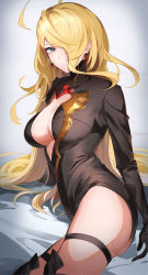 Rule 34 | absurdres, ahoge, black bodysuit, black gloves, black thighhighs, blonde hair, bodysuit, boots, breasts, center opening, cleavage, closed mouth, earrings, gloves, gradient background, granblue fantasy, green eyes, hair over one eye, highres, hinataa, jewelry, large breasts, long hair, long sleeves, looking at viewer, lying, on side, one eye covered, predator (granblue fantasy), solo, thigh boots, thigh strap, thighhighs
