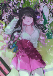 Rule 34 | 1girl, arms up, black hair, blush, bottle, branch, breasts, bud, clothes pull, dress, dress pull, fang, grey pantyhose, highres, kantai collection, large breasts, long hair, long sleeves, lying, multicolored hair, naganami (kancolle), on back, open clothes, open mouth, open shirt, pantyhose, pink hair, purple dress, revision, shirt, sleeves past wrists, solo, spoken squiggle, squiggle, sweat, two-tone hair, white shirt, yellow eyes, yoyoyotto