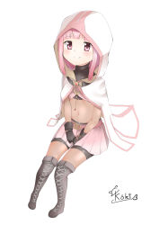 Rule 34 | 1girl, absurdres, black gloves, blunt bangs, blush, bodystocking, boots, braid, cloak, commentary, gloves, highres, hood, hood up, hooded cloak, magia record: mahou shoujo madoka magica gaiden, magical girl, mahou shoujo madoka magica, navel, pink eyes, pink hair, short hair, simple background, skirt, smile, solo, tamaki iroha, thigh boots, thighhighs, white background, yumoto motoyu