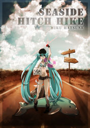 Rule 34 | 1girl, aqua eyes, aqua hair, arm up, bikini, bikini top only, character name, cloud, dolphin, gloves, hat, hatsune miku, highres, innertube, jewelry, long hair, navel, necklace, short shorts, shorts, sign, silent hill, silent hill (series), sky, solo, striped bikini, striped clothes, suitcase, swim ring, swimsuit, twintails, very long hair, vocaloid