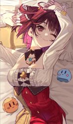 Rule 34 | 1girl, arms up, atelier (series), atelier sophie, atelier sophie 2, breasts, center frills, cleavage, closed mouth, cowboy shot, detached collar, dress, frills, gold, highres, hip vent, long sleeves, lying, medium breasts, medium hair, multicolored clothes, multicolored dress, on back, one eye closed, pillow, red eyes, red hair, ribbed dress, ryuuno6, short dress, smile, solo, sophie neuenmuller, square neckline