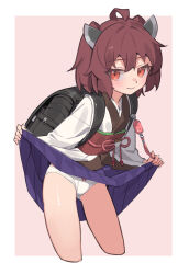 Rule 34 | 1girl, ahoge, backpack, bag, black bag, blush, brown hair, clothes lift, commentary request, crime prevention buzzer, cropped legs, headgear, highres, japanese clothes, kimono, lifting own clothes, looking at viewer, obi, panties, purple skirt, randoseru, red eyes, sash, short hair, short kimono, skirt, skirt lift, smile, solo, touhoku kiritan, two-tone background, underwear, voiceroid, white kimono, white panties, yamamomo (plank)