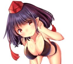 Rule 34 | 1girl, bad id, bad pixiv id, bent over, bikini, black bikini, black hair, breasts, brown eyes, cleavage, collarbone, female focus, hand in own hair, hat, head tilt, highres, large breasts, looking at viewer, oimo (imoyoukan), pointy ears, shameimaru aya, simple background, smile, solo, swimsuit, tokin hat, touhou, white background