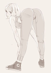 Rule 34 | 1girl, absurdres, aihara akito, ass, bent over, breasts, converse, greyscale, highres, large breasts, lips, looking at viewer, looking back, monochrome, original, pants, shoes, short hair, sneakers, solo, sports bra, sweat, tight clothes, tight pants, watch, wristwatch