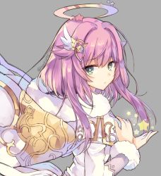 Rule 34 | + +, 1girl, dress, hair ornament, halo, hand on own chest, holding, holding star, long sleeves, looking at viewer, luca (shironeko project), multicolored hair, pink hair, profile, purple hair, rento (rukeai), shironeko project, short hair with long locks, solo, star (symbol), star hair ornament, upper body, white dress, wings