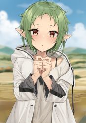 Rule 34 | 1girl, ahoge, blush, bra strap, coat, collarbone, day, drawstring, elf, green hair, highres, hood, hooded coat, long sleeves, looking at viewer, mushoku tensei, open mouth, outdoors, pointy ears, red eyes, shengtian, shirt, short hair, solo, sylphiette (mushoku tensei), white coat, white shirt