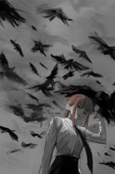Rule 34 | 1girl, bird, black necktie, black pants, braid, braided ponytail, chainsaw man, collared shirt, crow, flock, grey sky, highres, kamo (kamonegioisi), looking at viewer, makima (chainsaw man), medium hair, muted color, necktie, pants, red hair, ringed eyes, shirt, shirt tucked in, sidelocks, sky, smile, solo, white shirt