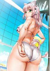 Rule 34 | 1girl, adjusting clothes, adjusting swimsuit, animal ears, ass, ball, beach volleyball, bikini, blush, breasts, cat ears, cat girl, cat tail, female focus, ganari ryuu, green eyes, headphones, headset, huge ass, large breasts, long hair, looking at viewer, looking down, open mouth, original, pink hair, solo, super tama musume, swimsuit, tail, tamatoys, wide hips