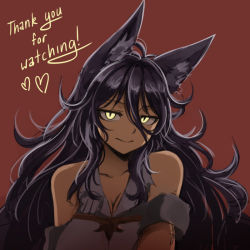 Rule 34 | 1girl, animal ears, bare shoulders, black hair, breasts, character request, cleavage, cloud kingdom, female focus, fox ears, large breasts, original, pas (paxiti), shade, slit pupils, solo, thank you, yellow eyes