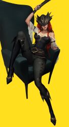 Rule 34 | 1girl, armchair, bare shoulders, belt, black belt, black footwear, black pants, boots, breasts, chair, cleavage, covered eyes, earrings, gun, hat, highres, holding, hoop earrings, jewelry, knee boots, large breasts, league of legends, long hair, looking at viewer, miss fortune (league of legends), pants, pirate hat, red hair, shadderfans, simple background, sitting, smile, solo, weapon, yellow background