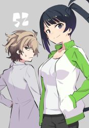 Rule 34 | 1boy, 1girl, aki poi, black hair, black pants, breasts, character request, closed mouth, collarbone, grey background, hand in pocket, head tilt, jacket, lab coat, light brown hair, long hair, long sleeves, looking at viewer, medium breasts, open clothes, open jacket, pants, shirt, side ponytail, smile, track jacket, urami koi koi urami koi., very long hair, white jacket, white shirt