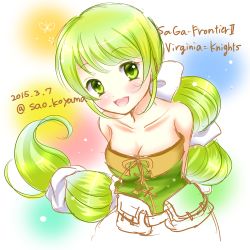 Rule 34 | 1girl, bare shoulders, breasts, cleavage, commentary request, green eyes, green hair, hair ribbon, koyama sao, long hair, looking at viewer, lowres, multi-tied hair, open mouth, ponytail, pouch, ribbon, saga, saga frontier 2, smile, solo, very long hair, virginia knights