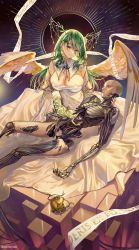 Rule 34 | 1girl, absurdres, antlers, apple, braid, branch, breasts, ceres fauna, cleavage, cyborg, dress, flower, food, fruit, golden apple, green hair, green nails, hair flower, hair ornament, highres, hololive, hololive english, horns, large breasts, long hair, nail polish, park yong ki, robot, rotting, santafe99, tears, torn skin, virtual youtuber, wings, yellow eyes