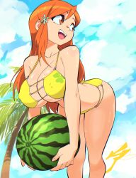 Rule 34 | 1girl, aetherion, bare arms, bare legs, bare shoulders, bent over, bikini, bleach, breasts, cleavage, cloud, cloudy sky, collarbone, food, fruit, highres, inoue orihime, large breasts, leaning forward, legs, long hair, open mouth, orange eyes, orange hair, palm tree, sky, smile, solo, sweat, swimsuit, tree, underboob, watermelon, yellow bikini