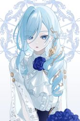 Rule 34 | 1girl, :o, aozora ni negau your happiness! (project sekai), arm cutout, ascot, blue eyes, blue flower, blue hair, blue rose, center frills, eyes visible through hair, floral print, flower, flower brooch, frills, hair flower, hair ornament, hair over shoulder, highres, hinomori shizuku, light blue hair, long hair, long sleeves, looking at viewer, mole, mole under mouth, nes 402, pale skin, project sekai, puffy long sleeves, puffy sleeves, ringlets, rose, shirt, solo, swept bangs, thorns, upper body, white background, white shirt
