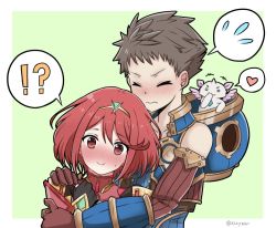 Rule 34 | 1boy, 1girl, armor, black hair, blush, bodysuit, breasts, brown hair, embarrassed, closed eyes, fingerless gloves, gloves, hair ornament, hug, looking at viewer, mochimochi (xseynao), nintendo, pyra (xenoblade), red eyes, red hair, rex (xenoblade), short hair, simple background, smile, xenoblade chronicles (series), xenoblade chronicles 2