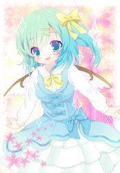 Rule 34 | 1girl, adapted costume, blue dress, blue eyes, blue hair, blush, bow, daiyousei, dress, fairy wings, flower, flower (symbol), gradient hair, green hair, hair bow, hair ornament, hair ribbon, hairclip, kokorominton, matching hair/eyes, multicolored hair, open mouth, outstretched arms, ribbon, short hair, side ponytail, smile, solo, sparkle, touhou, wings
