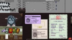 Rule 34 | 6+girls, :&lt;, blue hair, blue skin, card, colored skin, didloaded, expressionless, fake screenshot, gameplay mechanics, haruna (kancolle), headband, jpeg artifacts, kantai collection, microphone, multiple girls, papers please, parody, passport, pixel art, pov, silhouette, solo focus, style parody, translation request