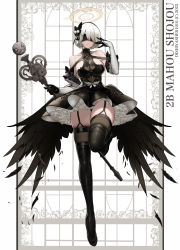 Rule 34 | 1girl, absurdres, adapted costume, black blindfold, black dress, black footwear, black gloves, blindfold, boots, breasts, character name, commentary, dishwasher1910, dress, duplicate, english commentary, garter belt, gloves, highres, large breasts, low wings, magical girl, nier (series), nier:automata, paid reward available, parted lips, pixel-perfect duplicate, sideboob, skindentation, solo, staff, thigh boots, thighhighs, wings, 2b (nier:automata), zettai ryouiki