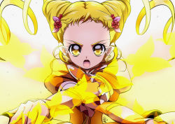 Rule 34 | 1girl, :o, blonde hair, brooch, bug, butterfly, butterfly earrings, crossed arms, cure lemonade, double bun, drill hair, earrings, flower, hair bun, hair ornament, insect, jewelry, kasugano urara (yes! precure 5), looking at viewer, magical girl, medium hair, open mouth, precure, red flower, red rose, rose, serious, solo, tomo5656ky, twin drills, upper body, yellow eyes, yellow theme, yes! precure 5, yes! precure 5 gogo!