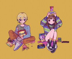 Rule 34 | 2girls, arms up, black shirt, blonde hair, blue jacket, blush, braid, breasts, brown hair, brown pants, candy, chips (food), collarbone, food, full body, gohanysu, grey shorts, hair between eyes, holding, holding food, idolmaster, idolmaster shiny colors, indian style, jacket, knee up, knees up, large breasts, lollipop, long hair, long sleeves, looking at viewer, mouth hold, multicolored clothes, multicolored sweater, multiple girls, object on head, off shoulder, open clothes, open jacket, open mouth, pants, potato chips, purple eyes, red eyes, saijo juri, shirt, shoes, short hair, short sleeves, shorts, simple background, sitting, small breasts, smile, snack, sneakers, socks, sonoda chiyoko, striped clothes, striped shirt, striped sweater, sweater, twin braids, twintails, yellow background, yellow socks