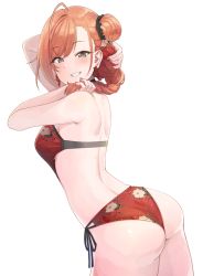 Rule 34 | 1girl, ahoge, alternate hairstyle, arched back, arisugawa natsuha, arm behind head, arm up, ass, asymmetrical bangs, back, bare arms, bare shoulders, bikini, black scrunchie, braid, breasts, byougaku, commentary request, cowboy shot, earrings, fingernails, floral print, from side, grey eyes, grin, hair bun, hair ornament, hair ribbon, hair scrunchie, hand up, holding, holding hair, idolmaster, idolmaster shiny colors, jewelry, light blush, long hair, looking at viewer, looking to the side, medium breasts, nail polish, orange hair, print bikini, red bikini, red nails, red ribbon, ribbon, scrunchie, side-tie bikini bottom, side bun, simple background, single braid, single side bun, smile, solo, standing, swimsuit, tassel, tassel earrings, white background