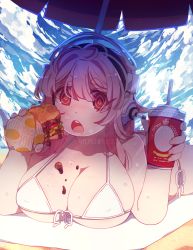 Rule 34 | 1girl, bad id, bad pixiv id, bikini, blush, breasts, cleavage, commentary request, cup, disposable cup, drinking straw, eating, food, burger, headphones, holding, large breasts, long hair, looking at viewer, nitroplus, open mouth, parasol, pink hair, red eyes, revision, ringed eyes, solo, starry shizen, super sonico, swimsuit, umbrella