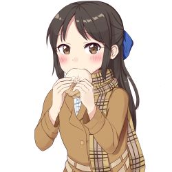 Rule 34 | 10s, 1girl, black hair, blue bow, blush, bow, brown eyes, buttons, coat, eating, eyebrows, food, hair bow, holding, holding food, idolmaster, idolmaster cinderella girls, long hair, long sleeves, looking at viewer, memume, plaid, plaid scarf, scarf, simple background, solo, tachibana arisu, upper body, white background, winter clothes, winter coat, winter uniform