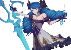 Rule 34 | 1girl, absurdres, aquarius cat, bare shoulders, black bow, black gloves, bow, breasts, cleavage, collarbone, commentary request, detached sleeves, dress, drill hair, frilled dress, frills, gloves, gwen (league of legends), hair bow, highres, holding, holding scissors, league of legends, long hair, medium breasts, needle, one eye closed, oversized object, puffy short sleeves, puffy sleeves, scissors, sewing needle, short sleeves, simple background, smile, solo, strapless, strapless dress, tongue, tongue out, twin drills, twintails